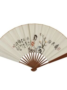 Hand-Painted Asian Folding Fan in Ivory and Brown